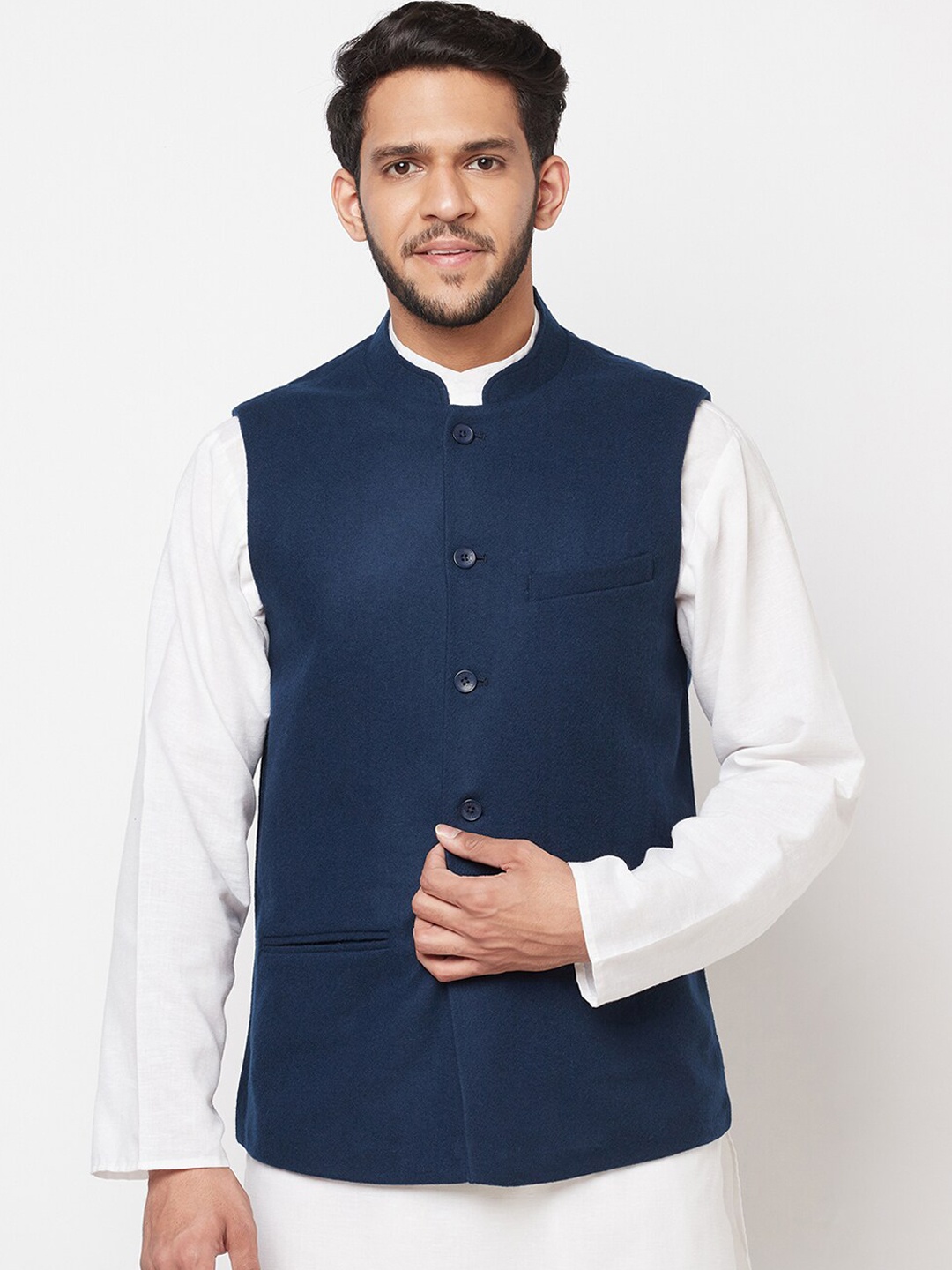 

Fabindia Men Blue Solid Slim Fit Pure Wool Nehru Jackets