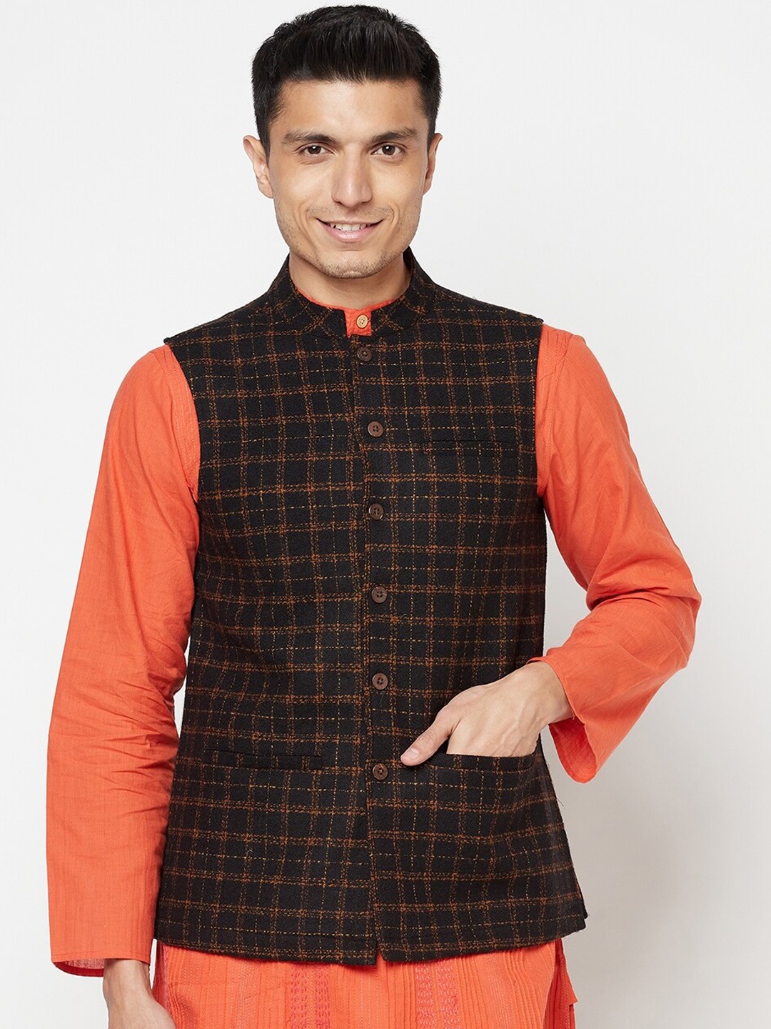 

Fabindia Men Black & Orange Checked Woven-Design Nehru Jacket