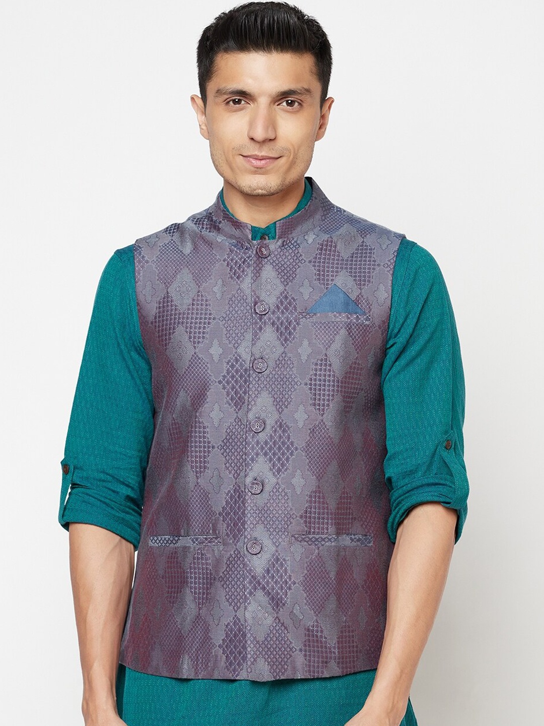 

Fabindia Men Grey & Purple Woven Nehru Jacket