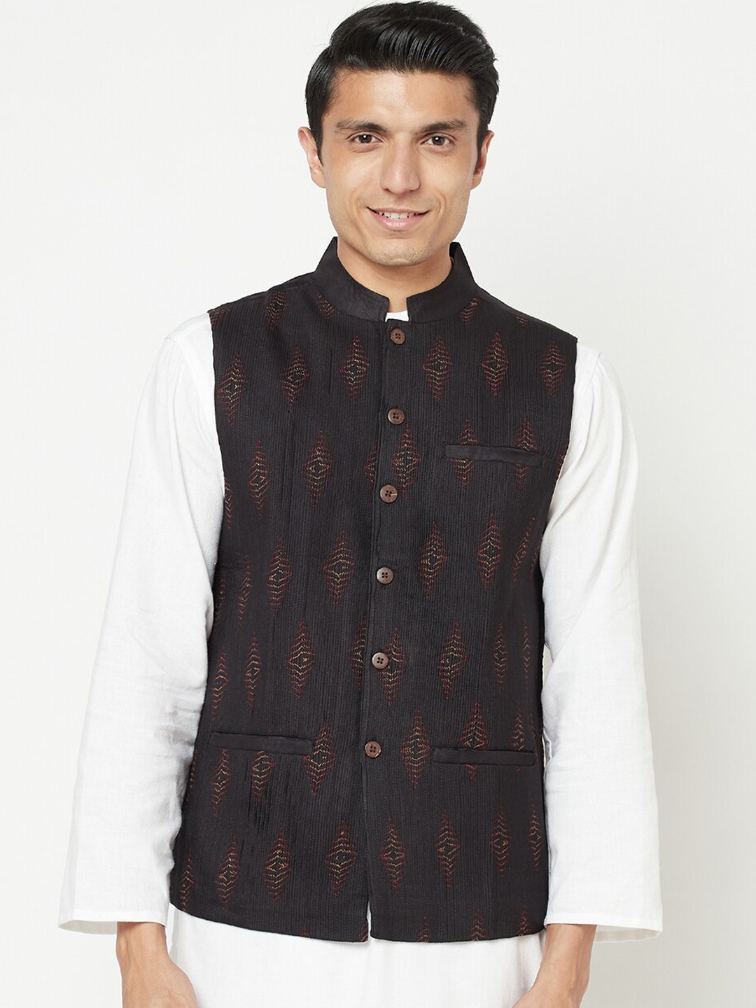 

Fabindia Men Black & Maroon Ethnic Motifs Embroidered Nehru Jacket