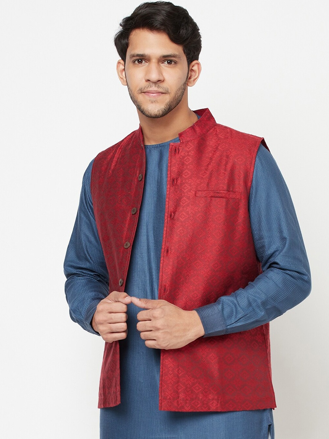 

Fabindia Maroon Jacquard Nehru Jacket