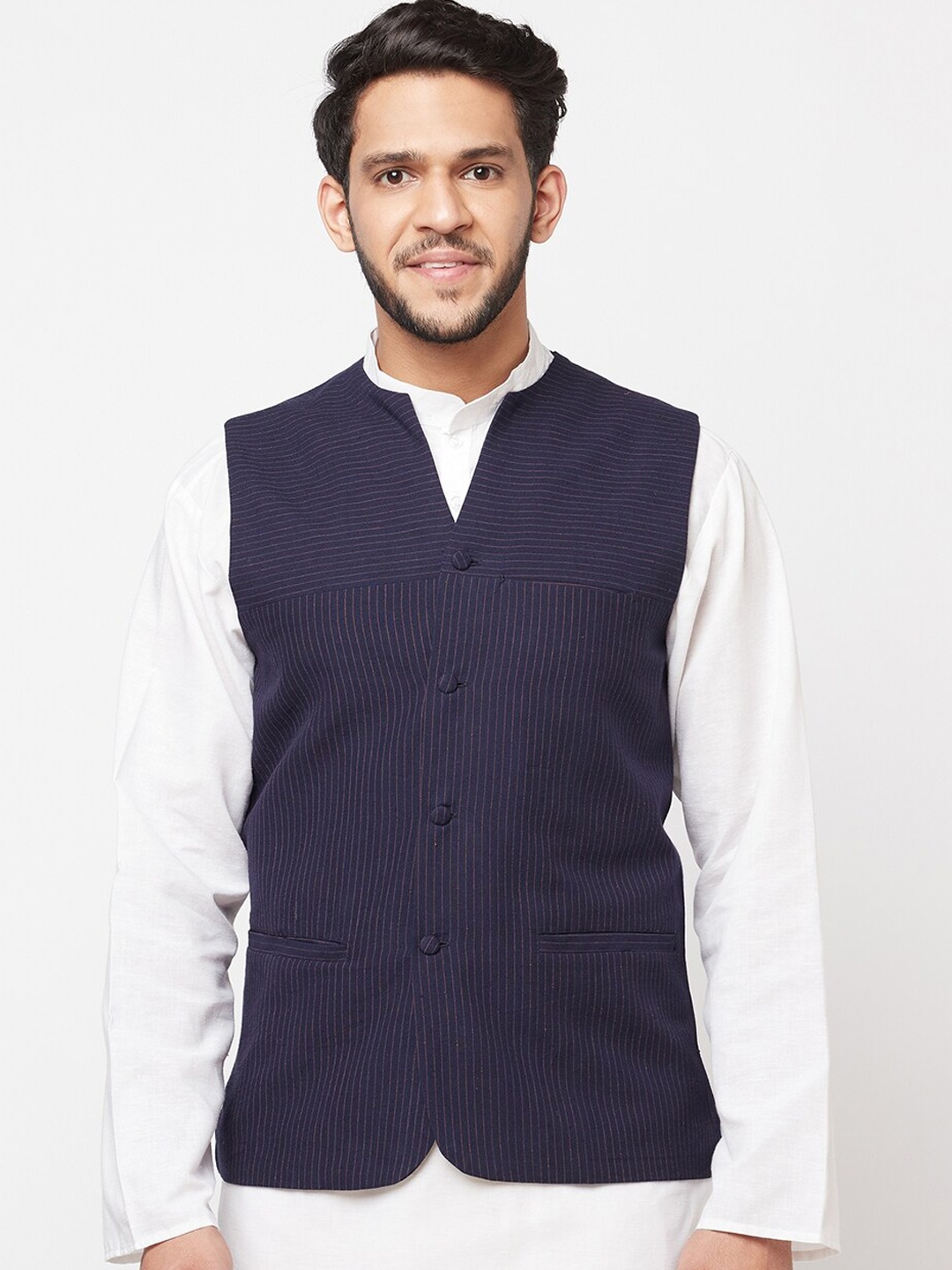 

Fabindia Men Dark Blue Solid Pure Cotton Slim-Fit Bana Nehru Jacket