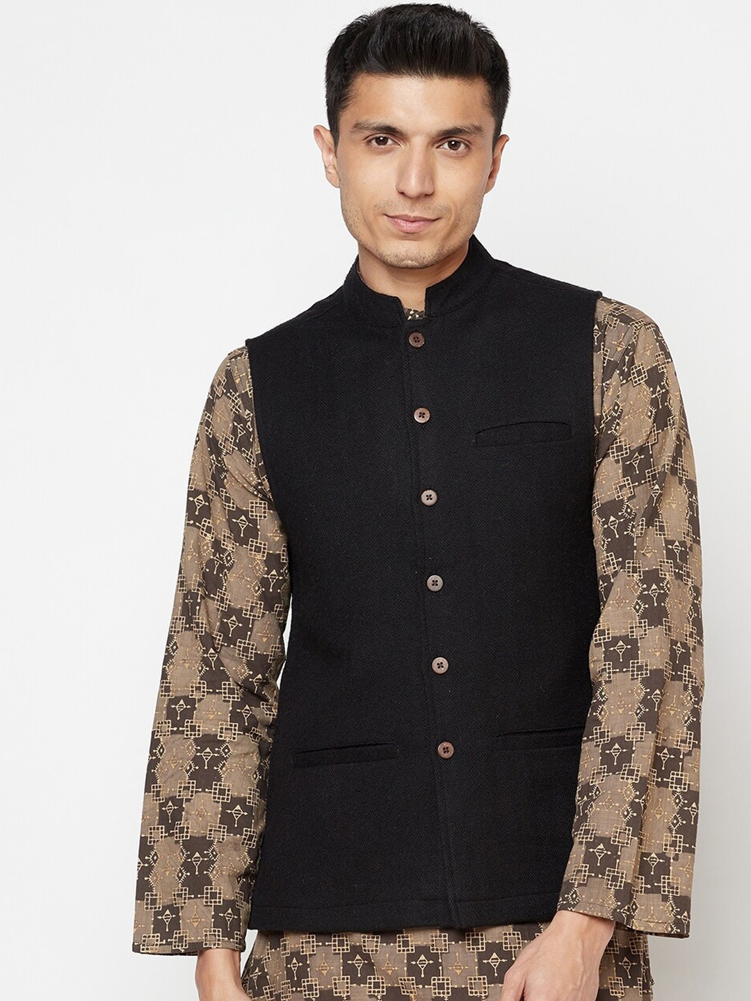 

Fabindia Men Black Woven Design Pure Wool Nehru Jackets