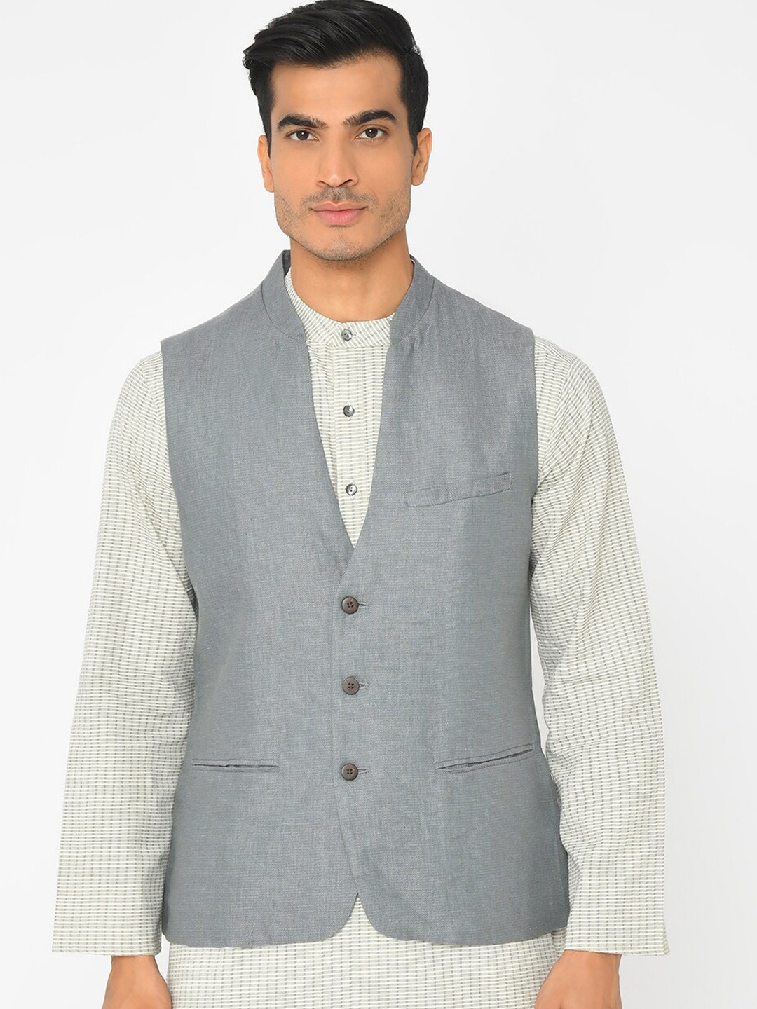 

Fabindia Men Grey Linen Nehru Jacket