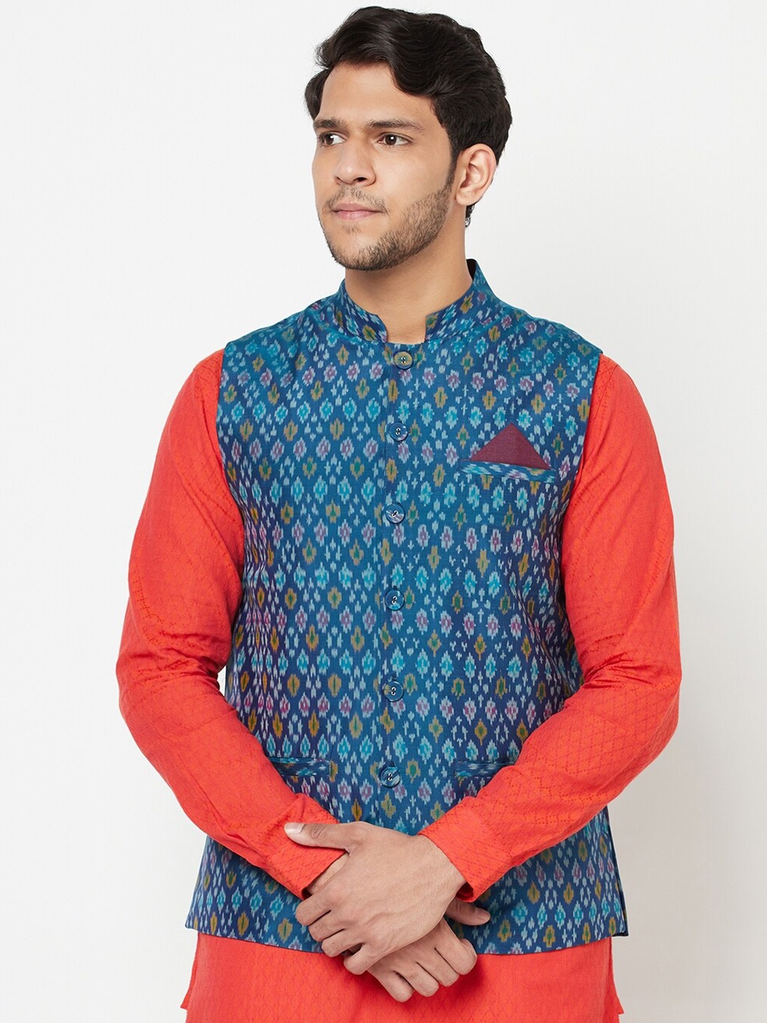 

Fabindia Men Blue Woven Design Woollen Slim-Fit Nehru Jackets
