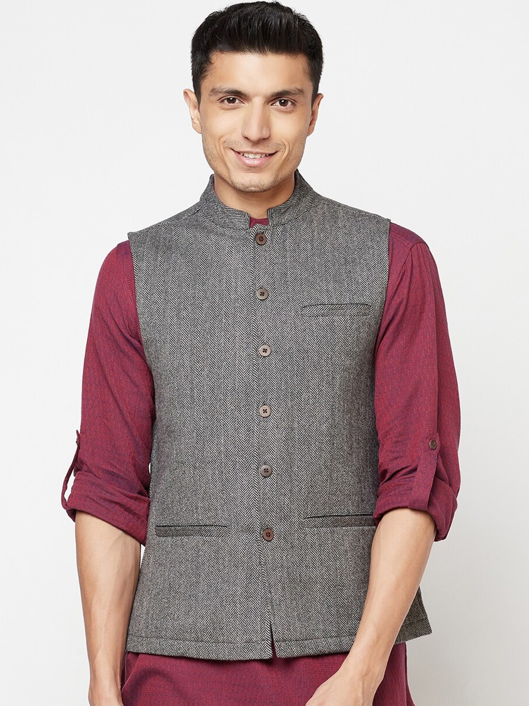 

Fabindia Men Grey Woven Design Nehru Jacket