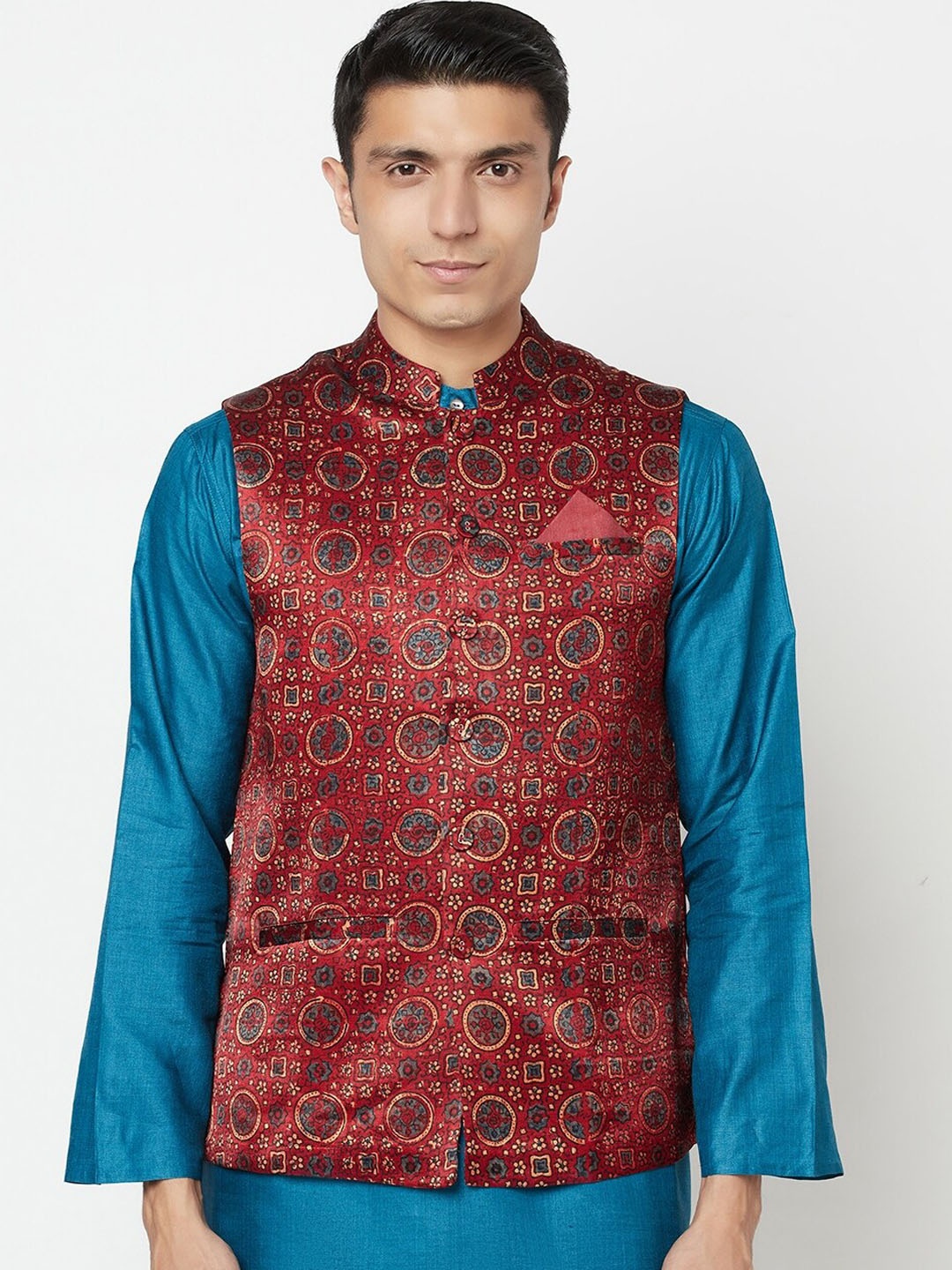 

Fabindia Men Red & Grey Printed Woven Nehru Jacket