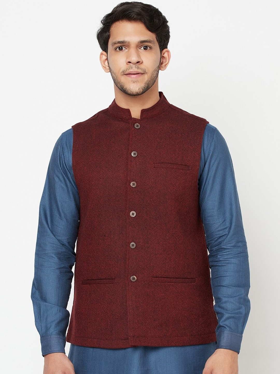 

Fabindia Men Maroon Solid Wool Tweed Nehru Jackets