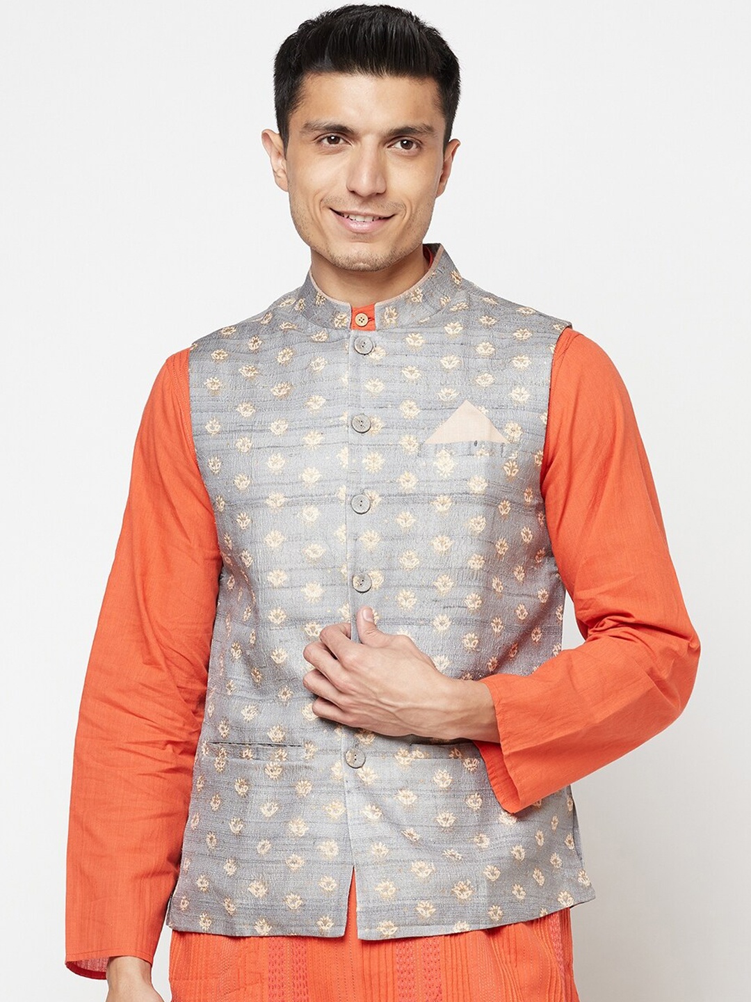 

Fabindia Men Grey & Off-White Printed Woven Nehru Jacket