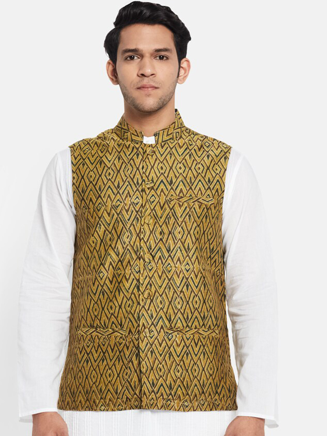 

Fabindia Men Green Printed Nehru Jacket