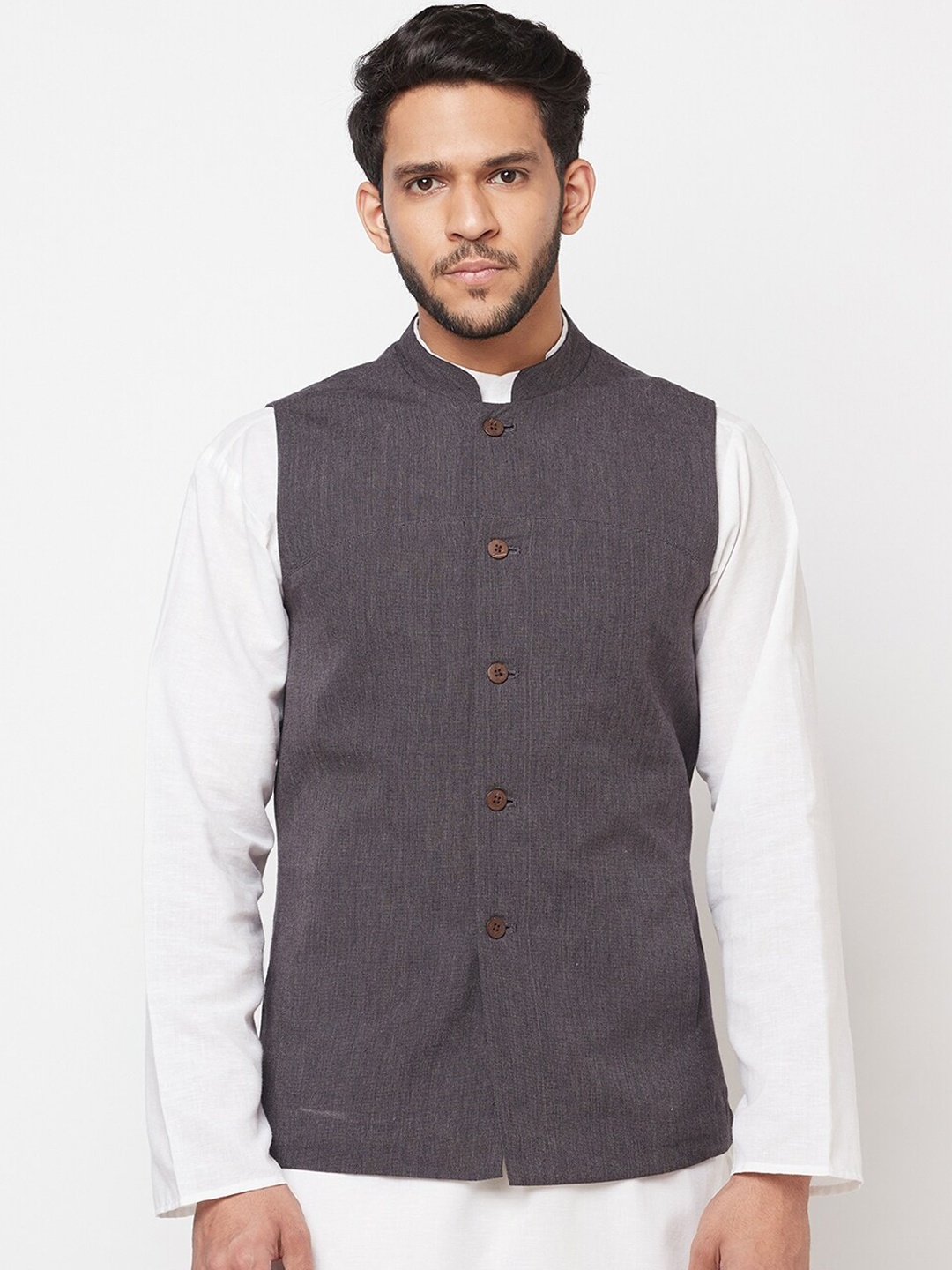 

Fabindia Men Charcoal Grey Pure Cotton Slim Fit Nehru Jacket