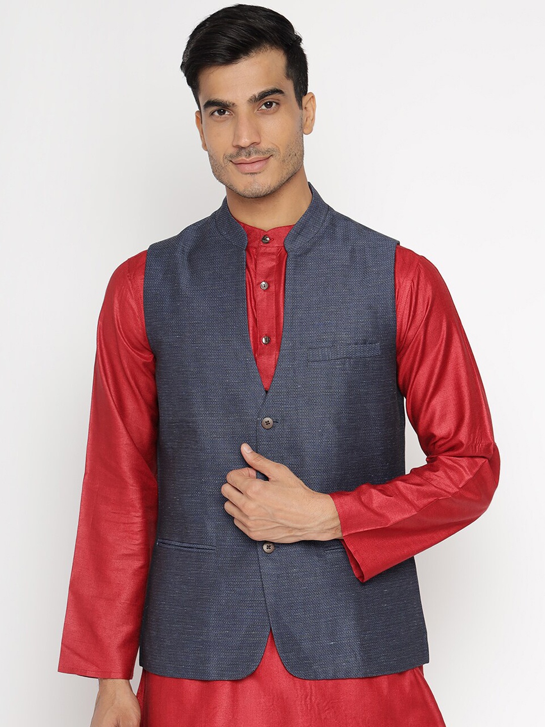 

Fabindia Men Blue Solid Linen Cotton Woven Nehru Jacket