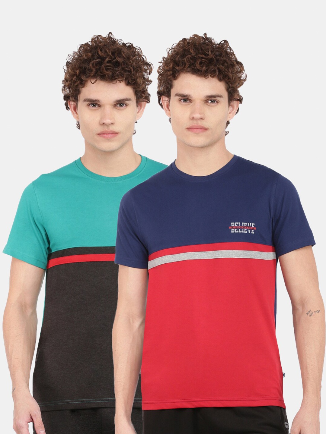 

Dollar Men Set Of 2 Red & Blue Colourblocked Cotton T-shirt