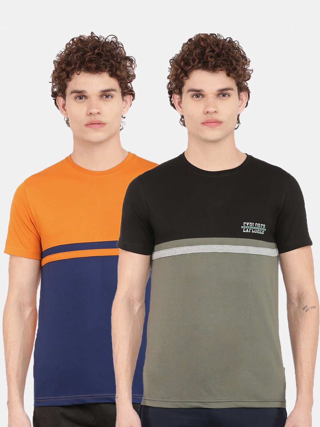 

Dollar Men Pack Of 2 Orange & Green Colourblocked T-shirt