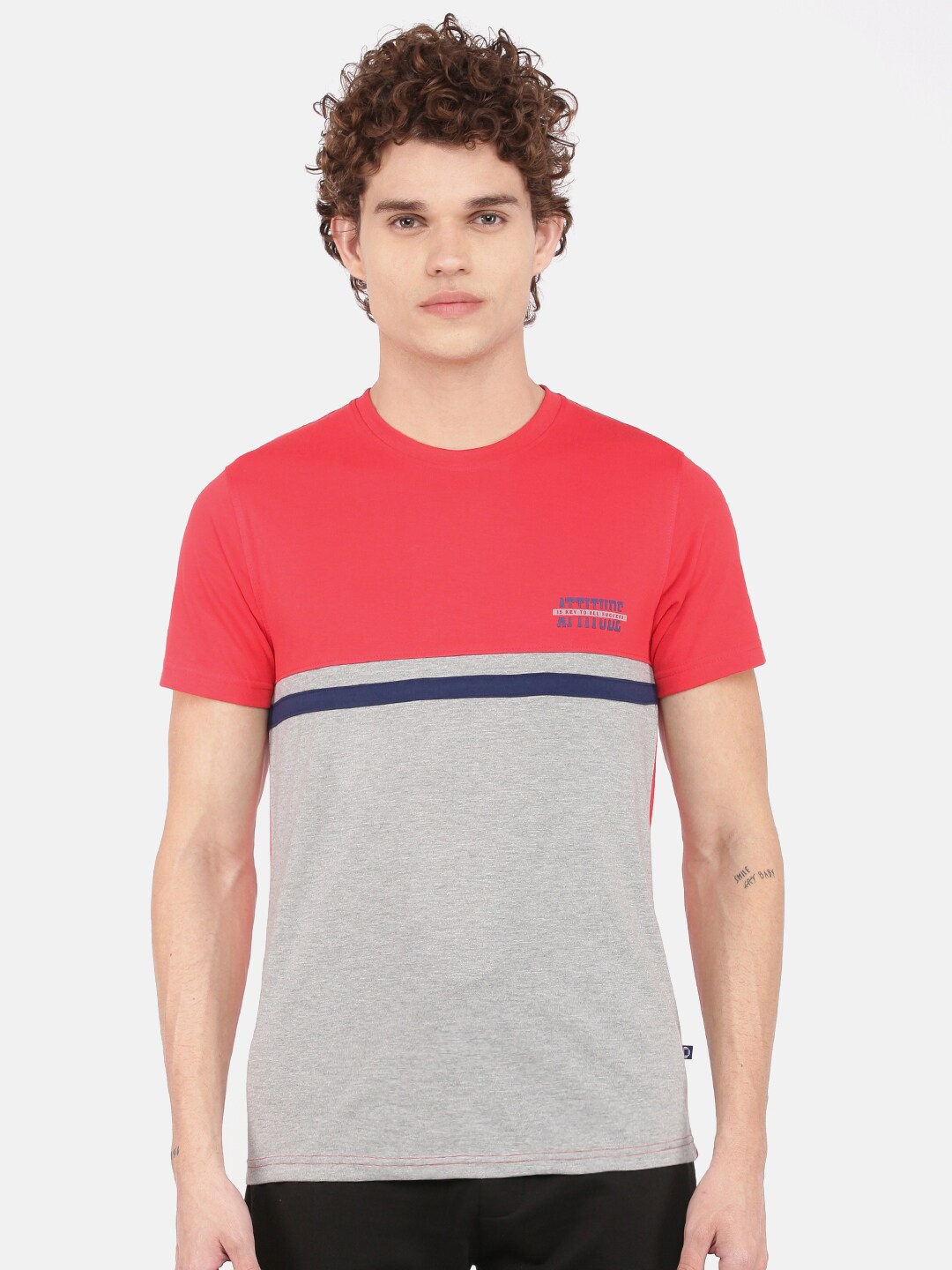 

Dollar Men Red & Grey Colourblocked Cotton T-shirt