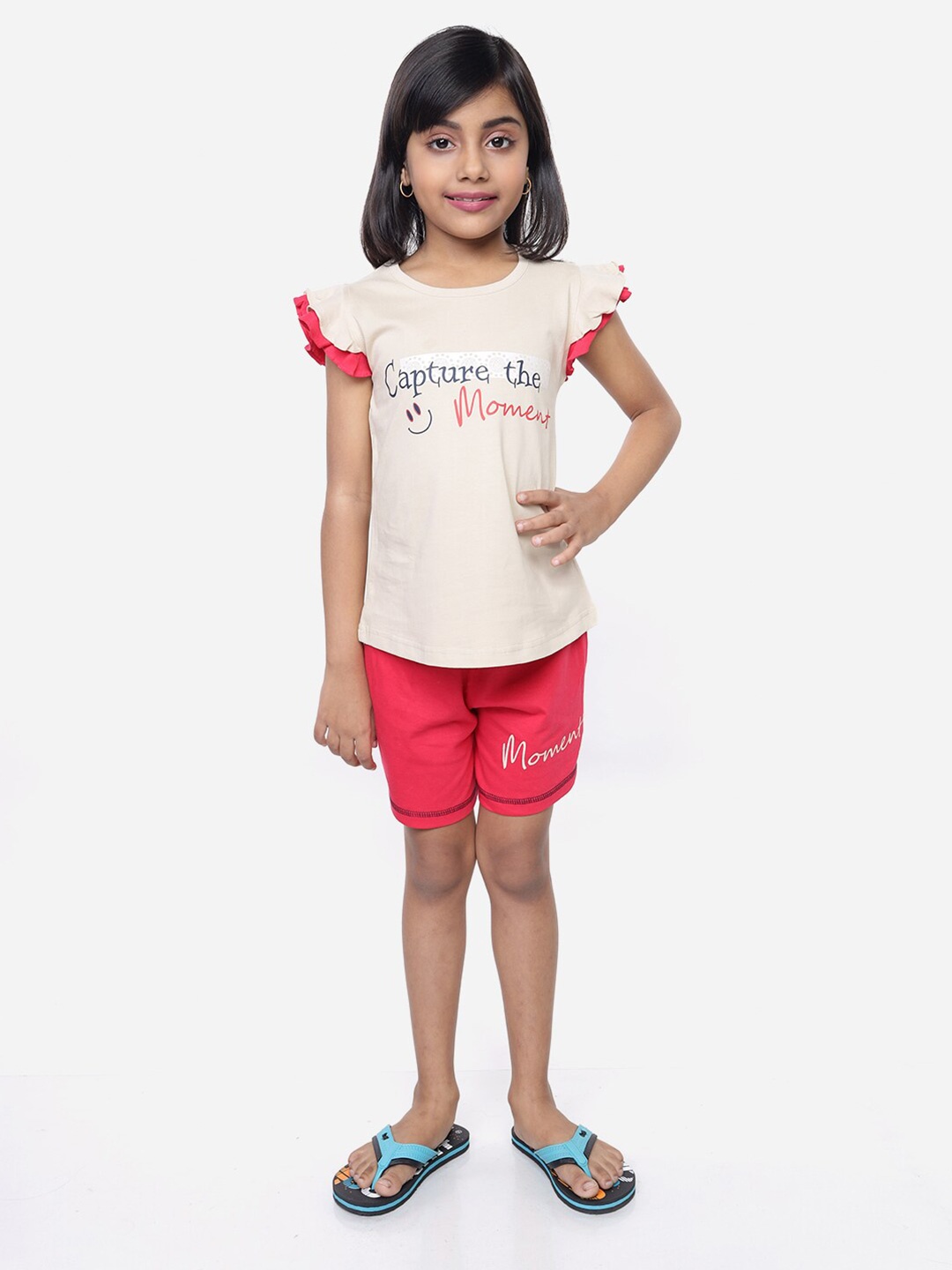 

Toonyport Girls Beige & Fuchsia Printed Pure Cotton Top with Shorts Clothing Set