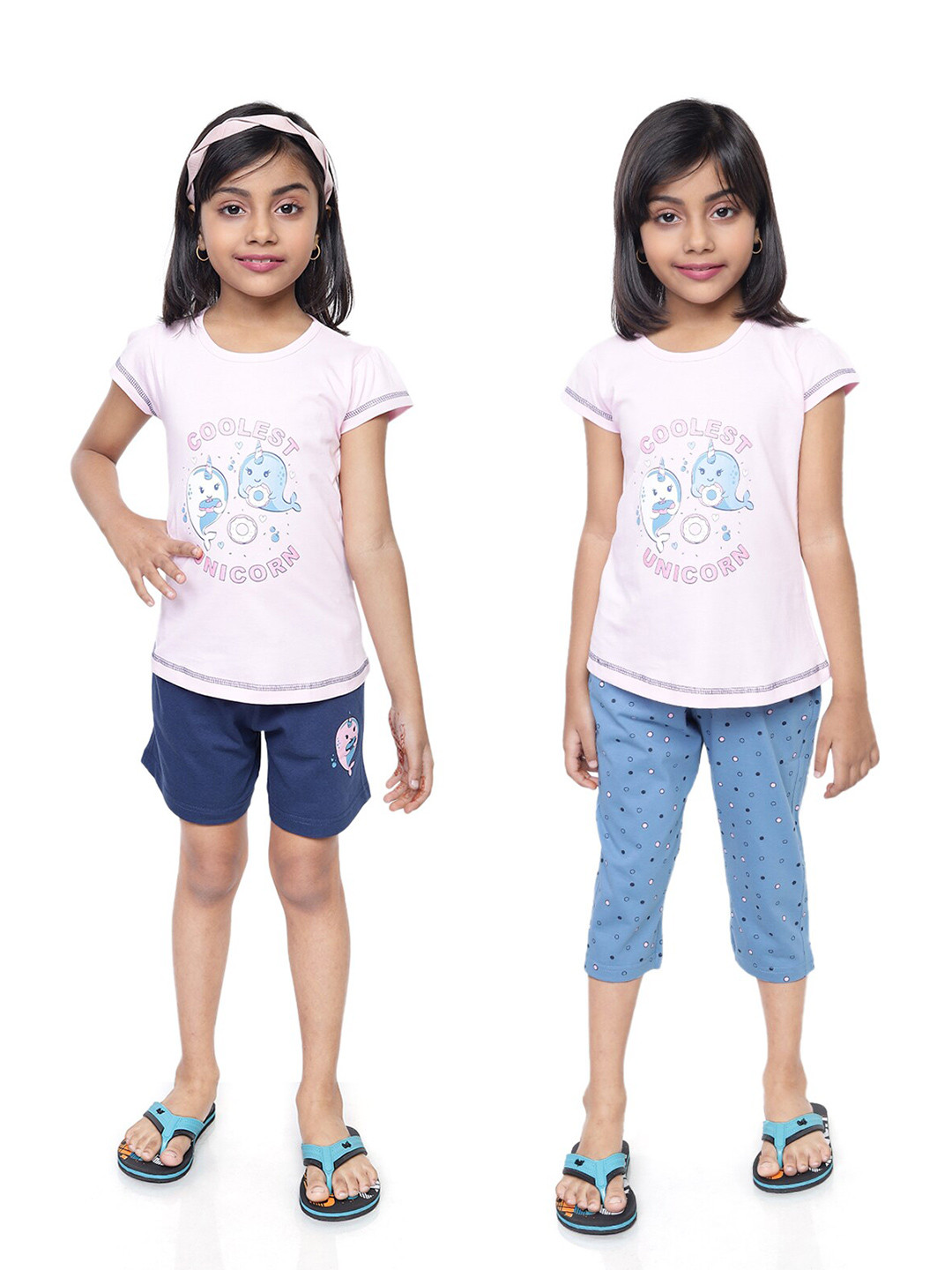 

Toonyport Girls Pink & Blue Printed Pure Cotton Top with Capris & Shorts