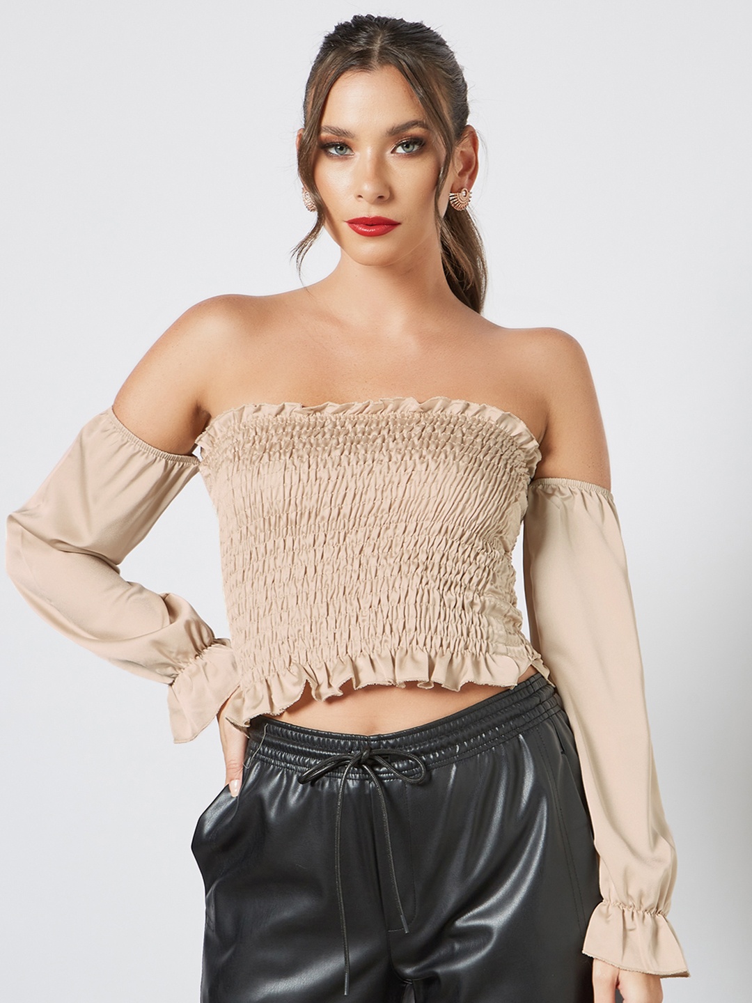 

Femme Luxe Beige Off-Shoulder Smocked Bardot Crop Top