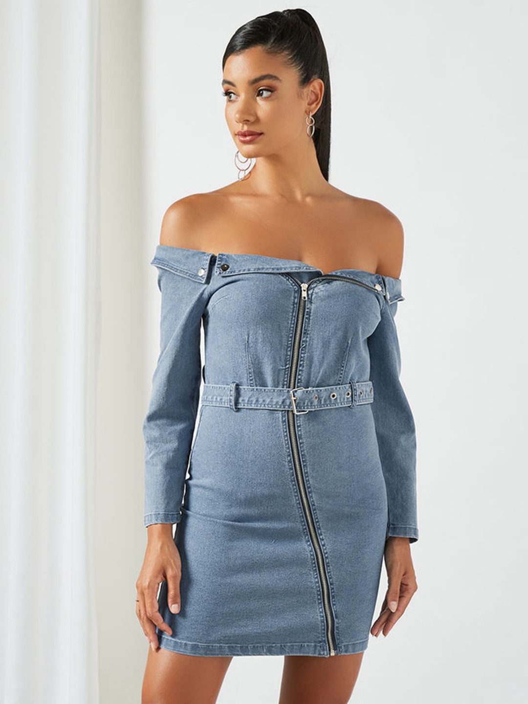 

Femme Luxe Blue Solid Off-Shoulder Denim Sheath Dress