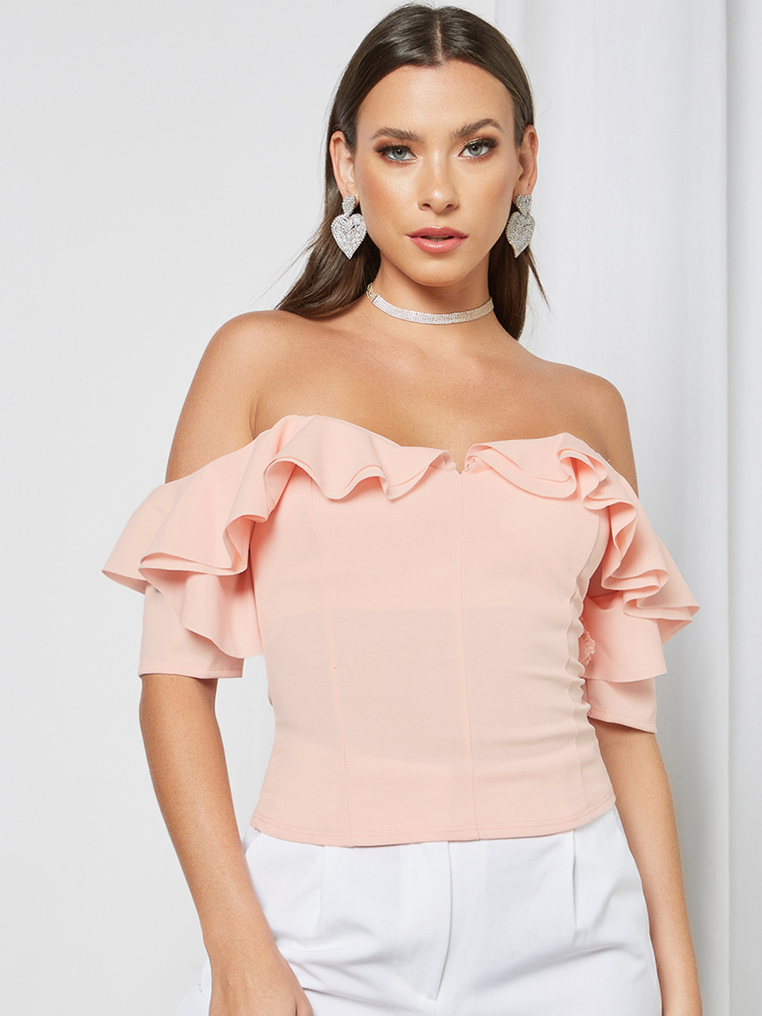 

Femme Luxe Pink Off-Shoulder Ruffles Bardot Top