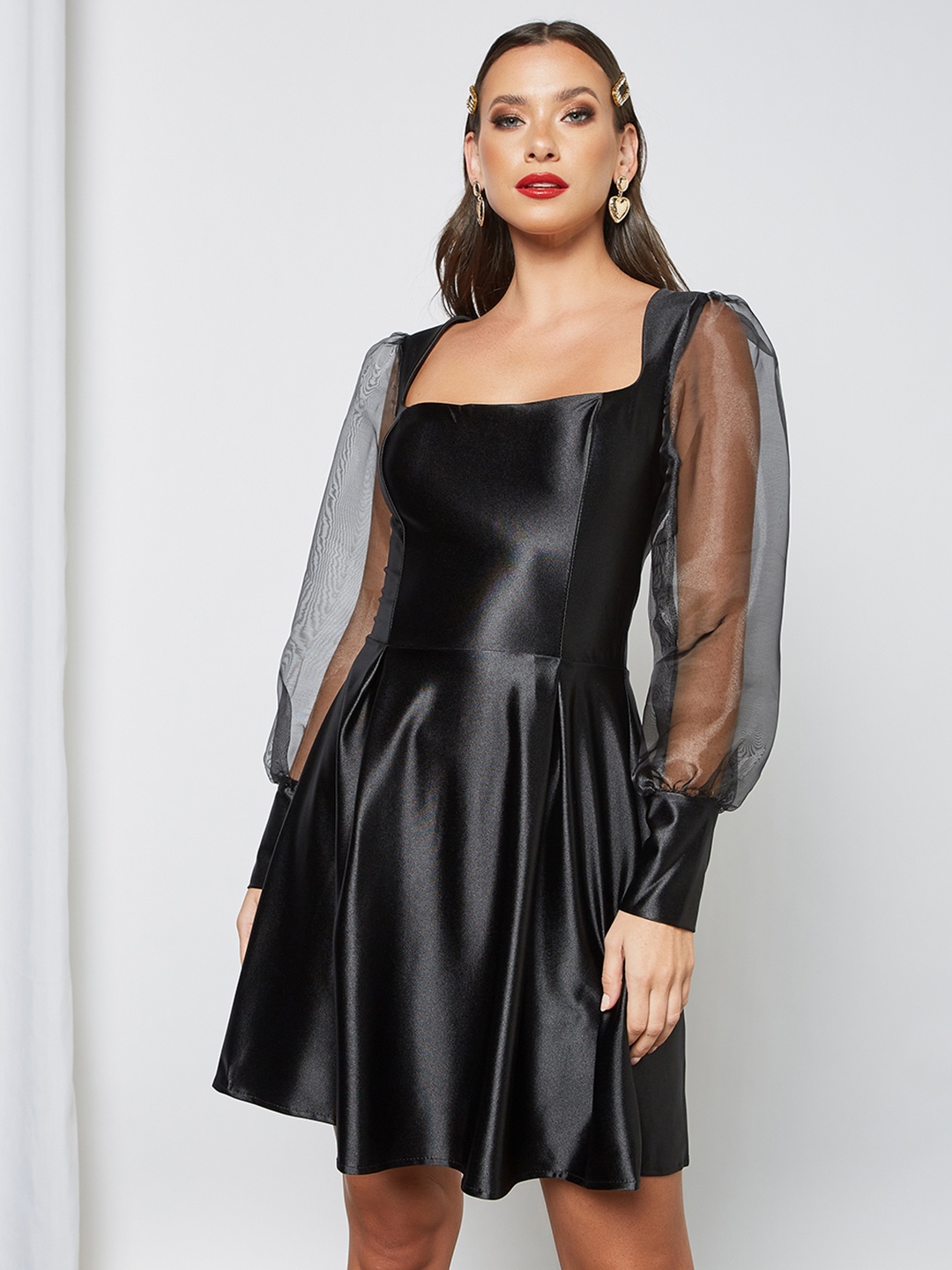 

Femme Luxe Black Satin A-Line Padded Dress