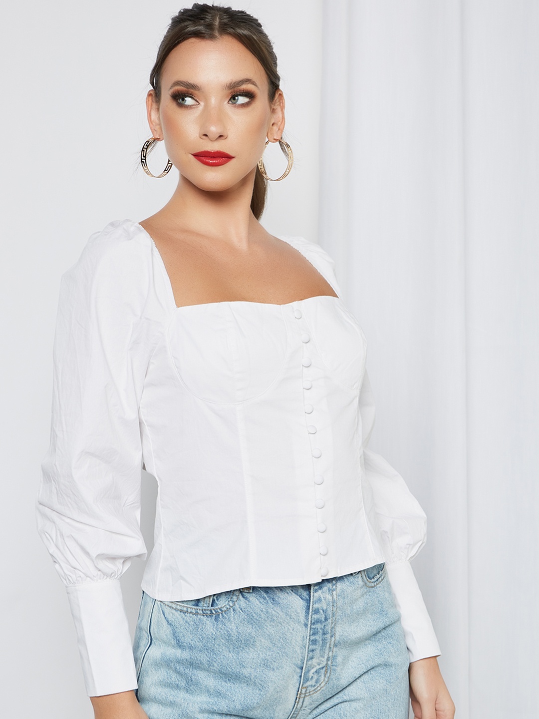 

Femme Luxe White Cuffed Sleeves Top