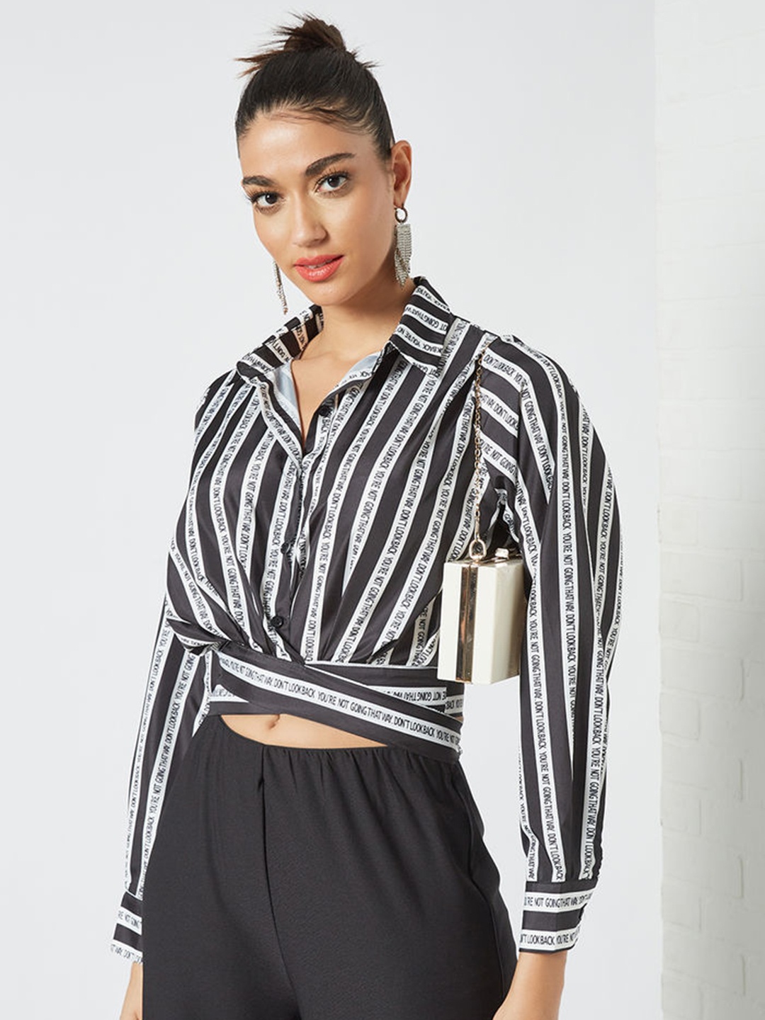 

Femme Luxe Women Black Striped Casual Tie-Up Shirt