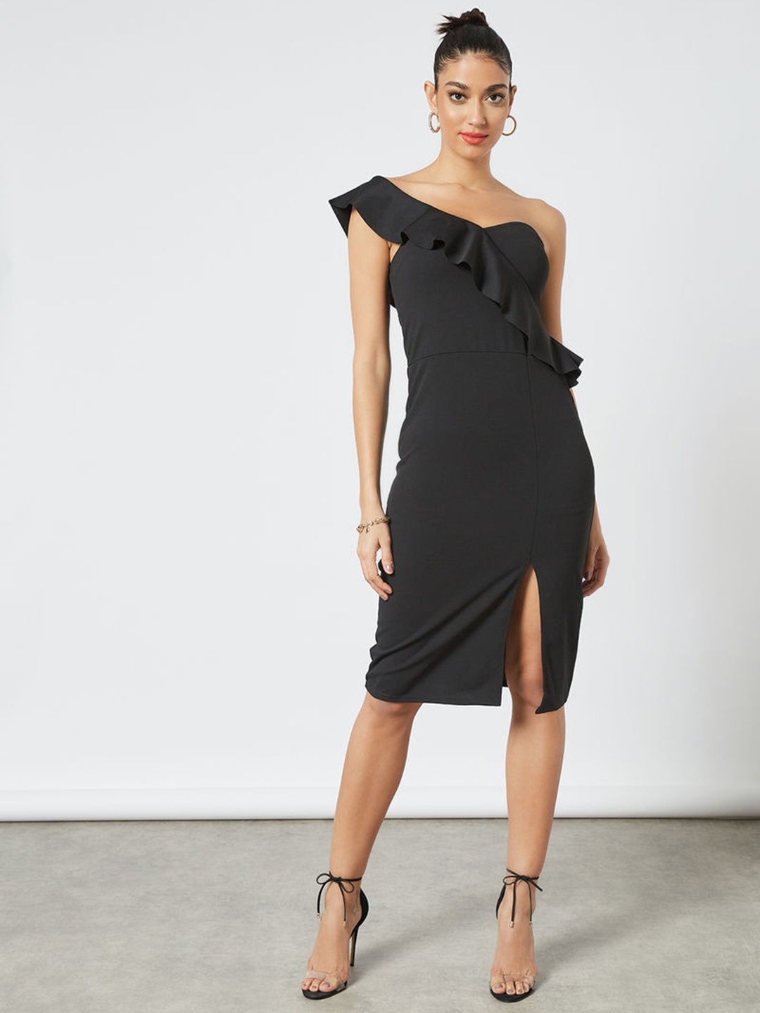 

Femme Luxe Women Black Solid One Shoulder Sheath Midi Dress