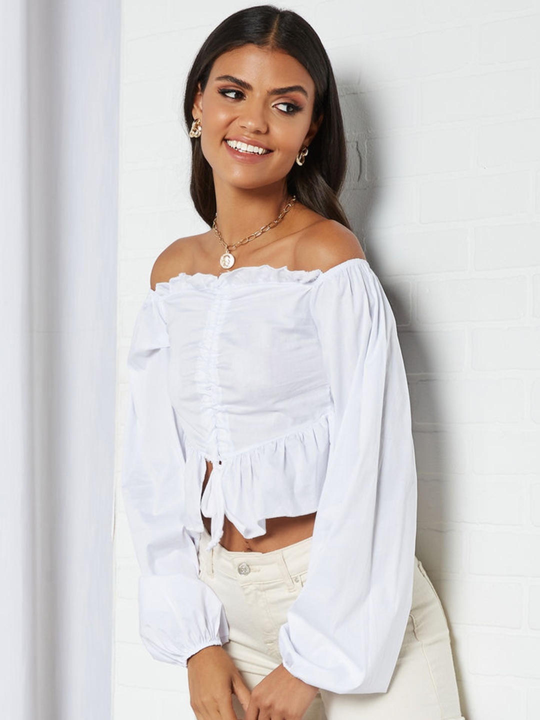 

Femme Luxe White Off-Shoulder Crop Top