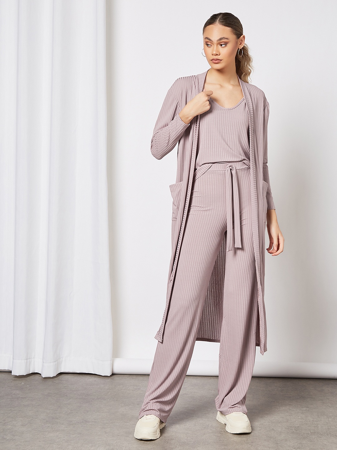 

Femme Luxe Women Mauve Self-Striped Co-Ord Set Comes with a Longline Shrug