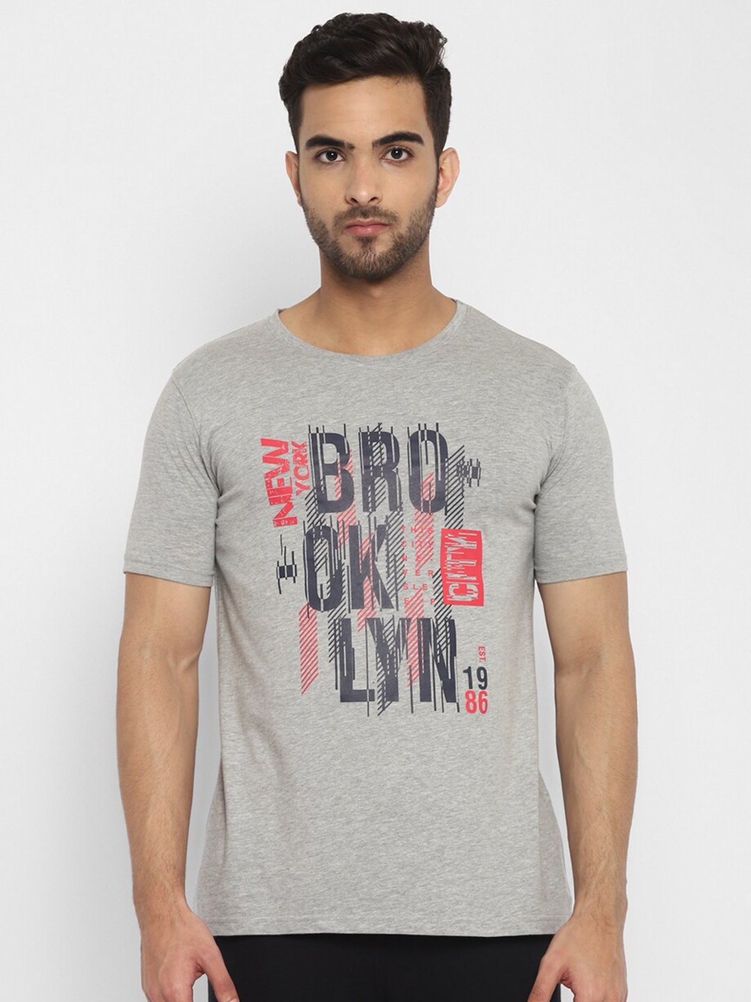 

appulse Men Grey Melange Typography Printed Cotton Sports T-shirt