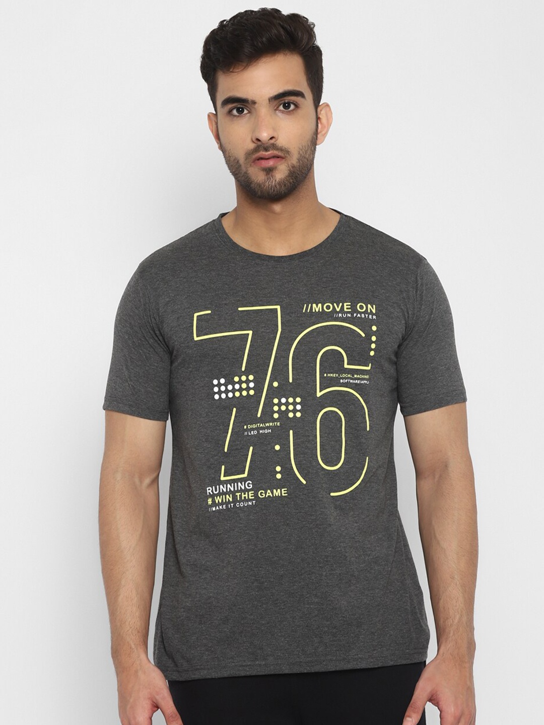 appulse Men Charcoal Grey Typography Printed Cotton Sports T-shirt