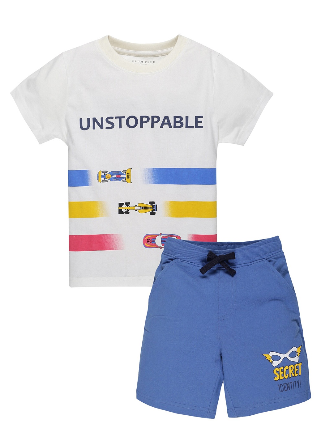 

PLUM TREE Boys White & Blue Printed Pure Cotton T-shirt with Shorts Clothing Set