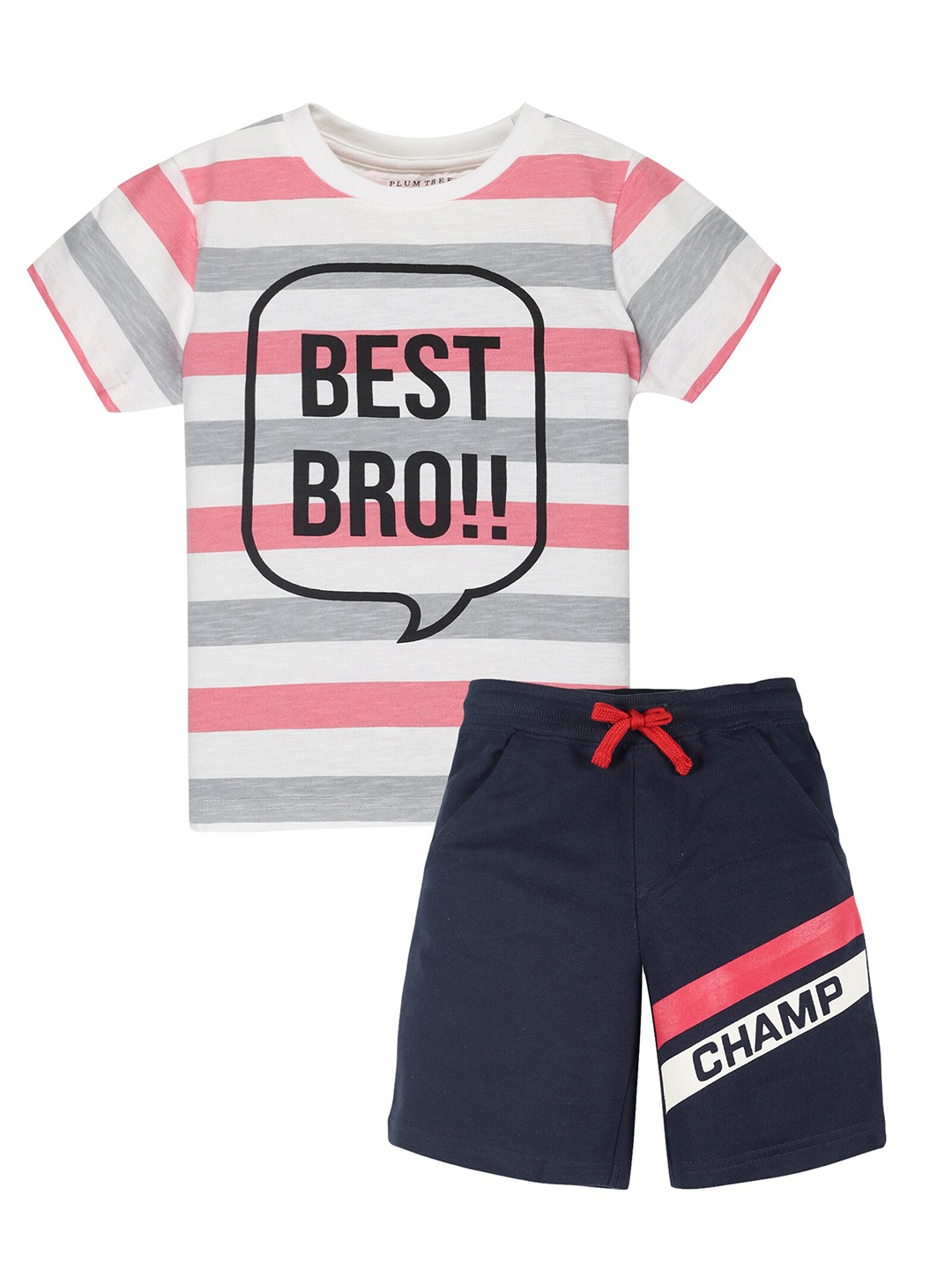 

PLUM TREE Boys White & Navy Blue Striped Cotton T-shirt with Shorts