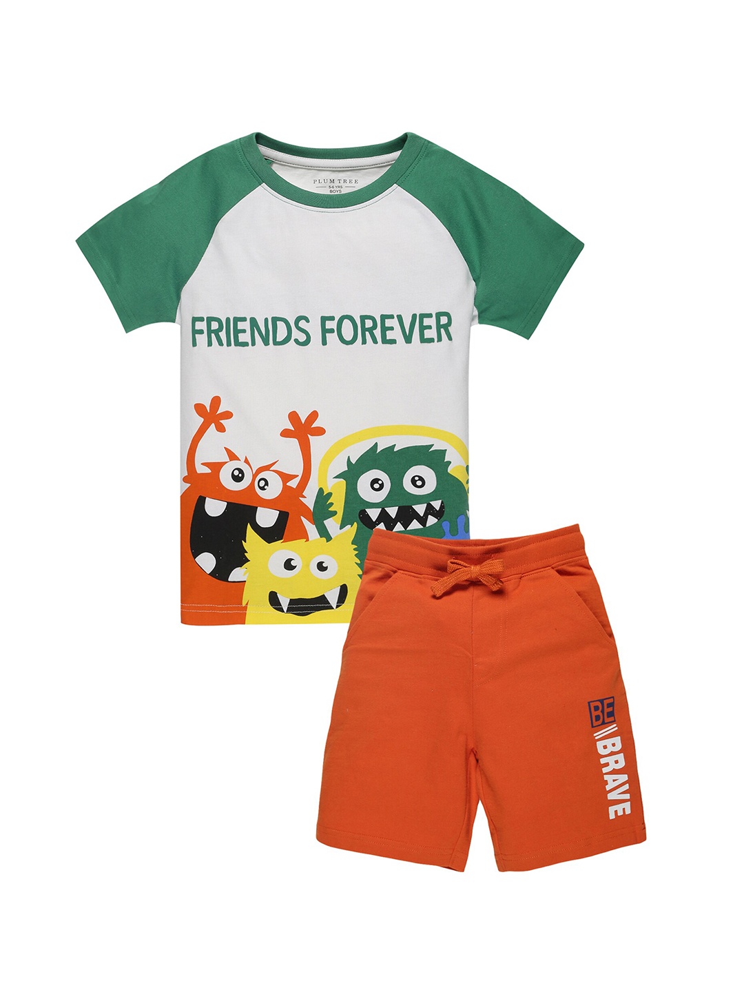 

PLUM TREE Boys White & Orange Printed Pure Cotton T-shirt with Shorts