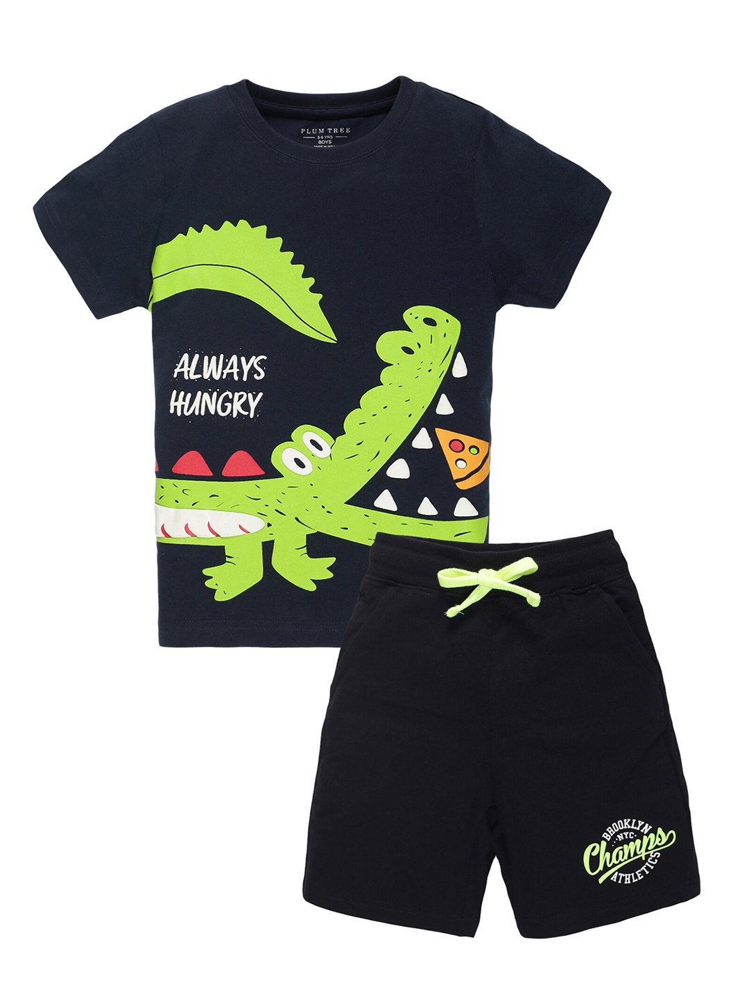 

PLUM TREE Boys Navy Blue & Fluorescent Green Printed Pure Cotton T-shirt with Shorts