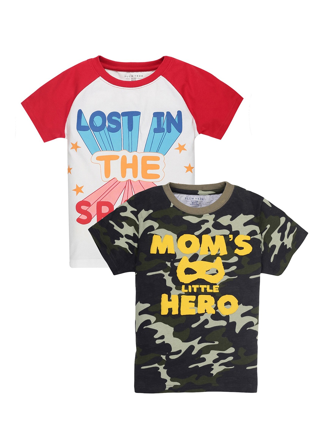 

PLUM TREE Boys Pack of 2 Green & White Printed Pure Cotton T-shirt