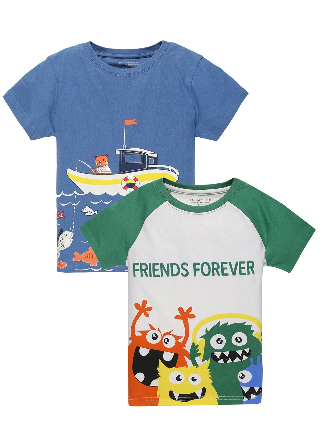 

PLUM TREE Boys Grey & Blue Set Of 2 Printed Cotton T-shirt