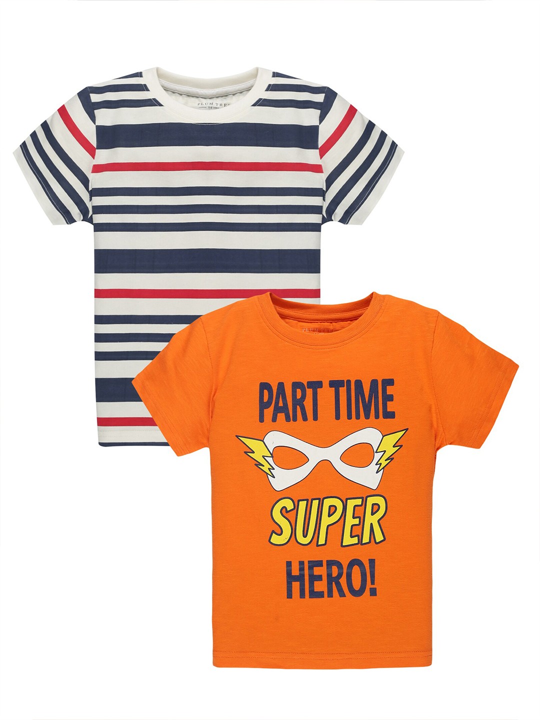 

PLUM TREE Boys Pack of 2 Orange & White Pure Cotton T-shirts