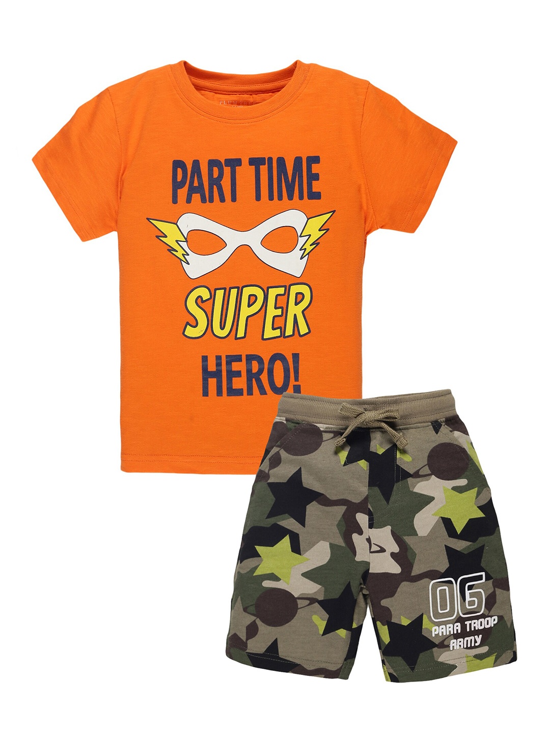 

PLUM TREE Boys Orange & Green Printed Pure Cotton T-shirt with Shorts