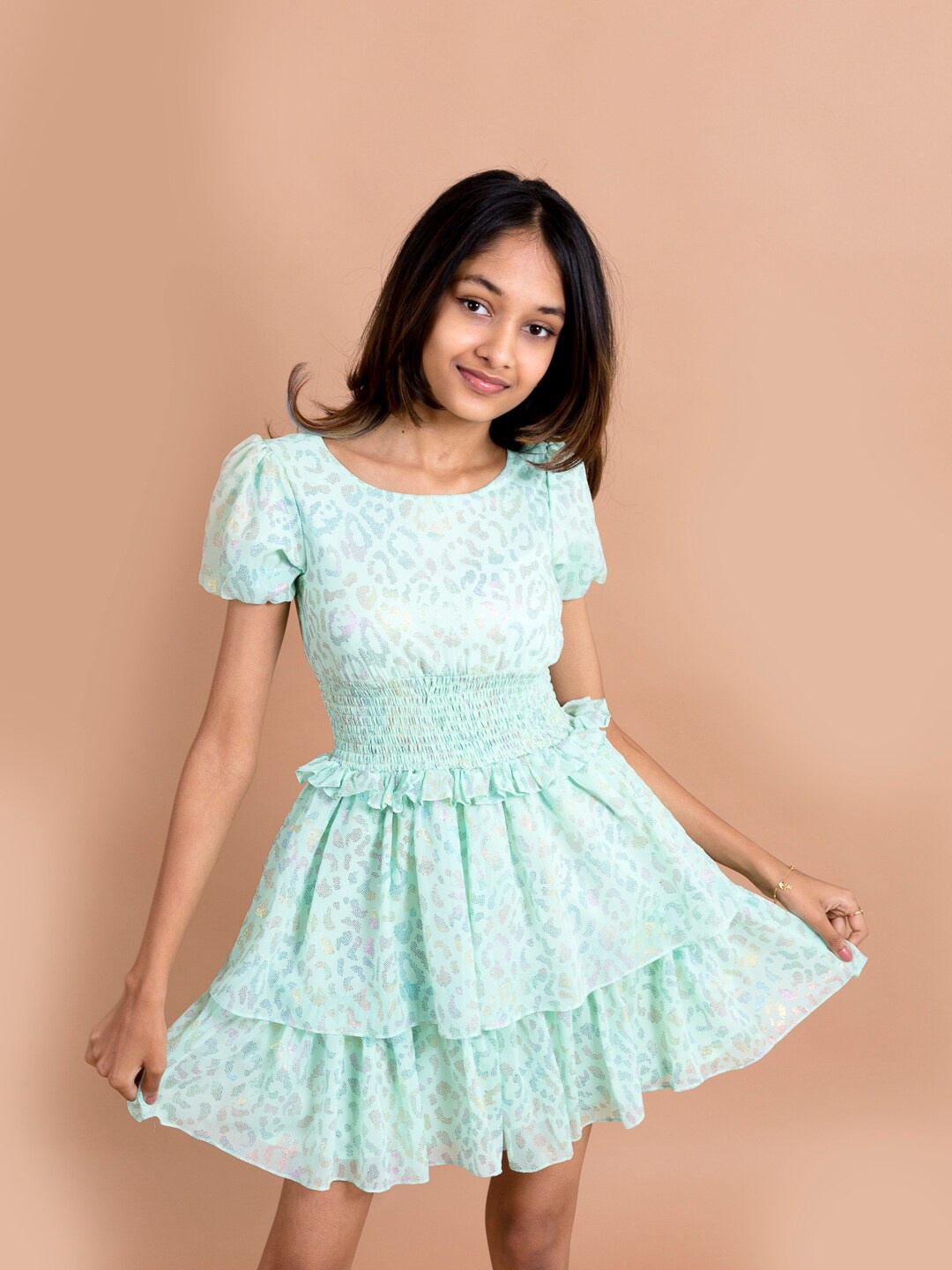 

pspeaches Girls Sea Green & Pink Printed Chiffon Dress