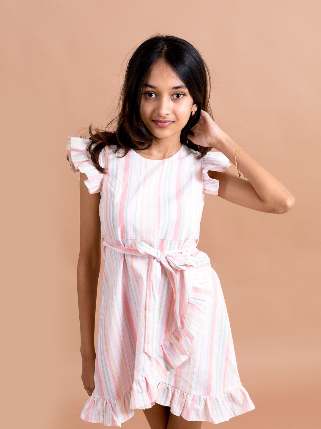 

pspeaches White & Red Striped Ruffles A-Line Dress