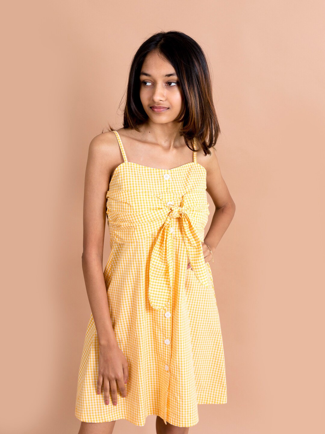 

pspeaches Girls Yellow Checked Cotton Fit & Flare Dress
