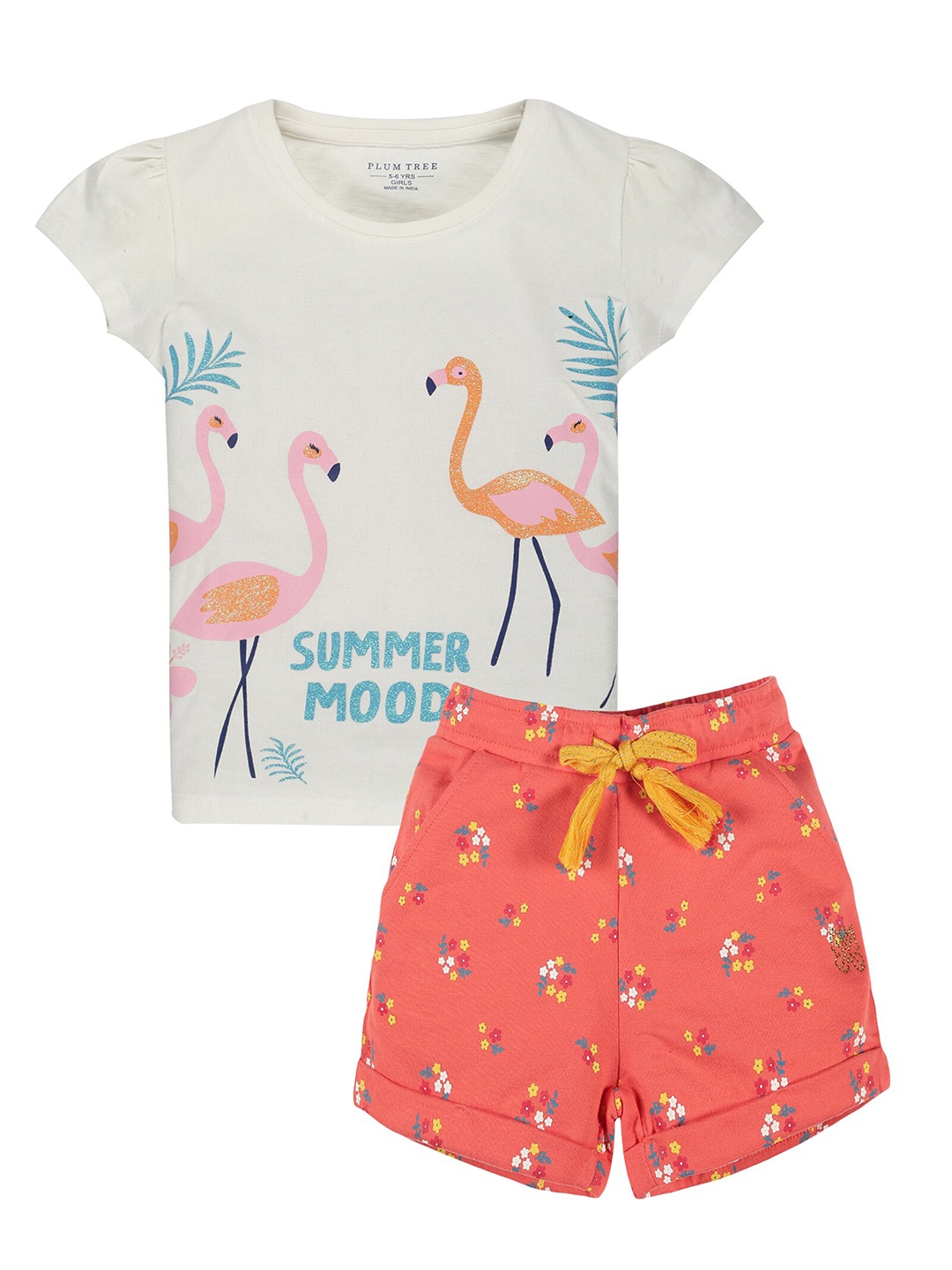 

PLUM TREE Girls White & Coral Orange Flamingo Printed Pure Cotton T-shirt with Shorts