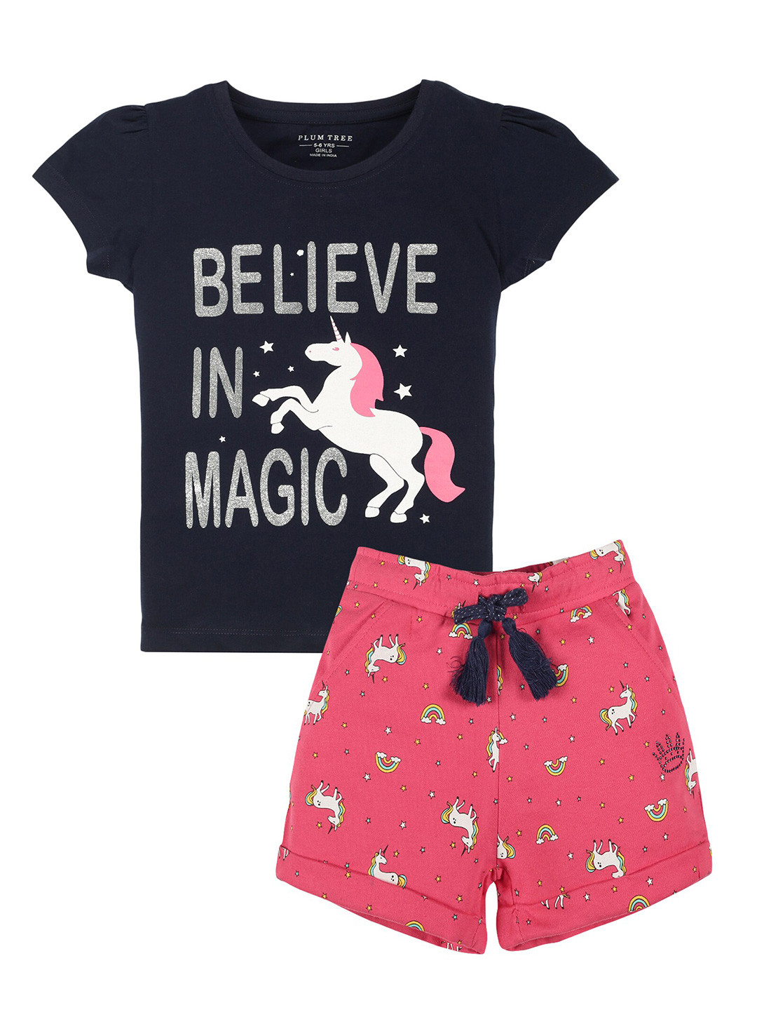 

PLUM TREE Girls Pink & Navy Blue Unicorn Printed T-shirt with Shorts