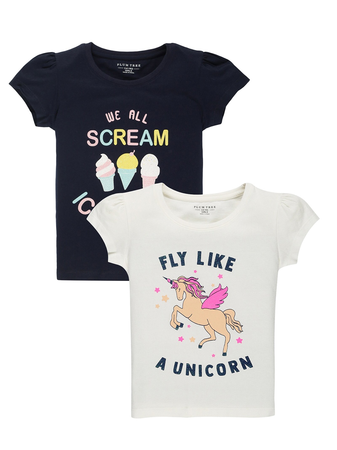 

PLUM TREE Girls Pack of 2 Typography Printed T-shirts, Navy blue