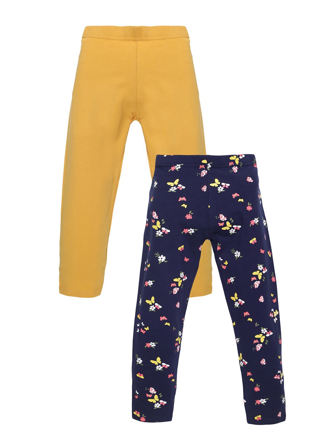 

PLUM TREE Girls Set Of 2 Yellow & Navy Blue Solid Cotton Leggings