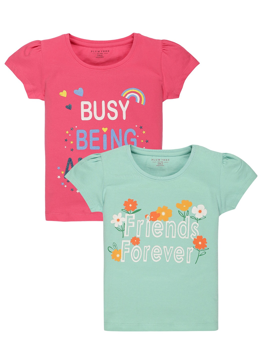 

PLUM TREE Girls Pack Of 2 Pink & Sea Green Typography Printed Pure Cotton T-shirt