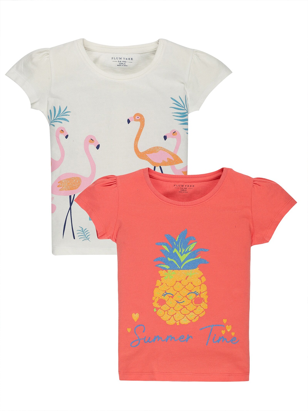 

PLUM TREE Girls Pack of 2 Printed Pure Cotton T-shirts, White