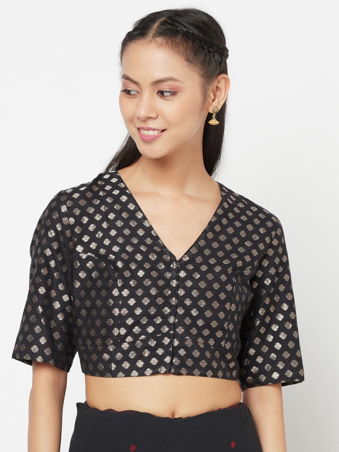 

Fabindia Women Black & Silver-Coloured Woven Design Cotton Silk Saree Blouse